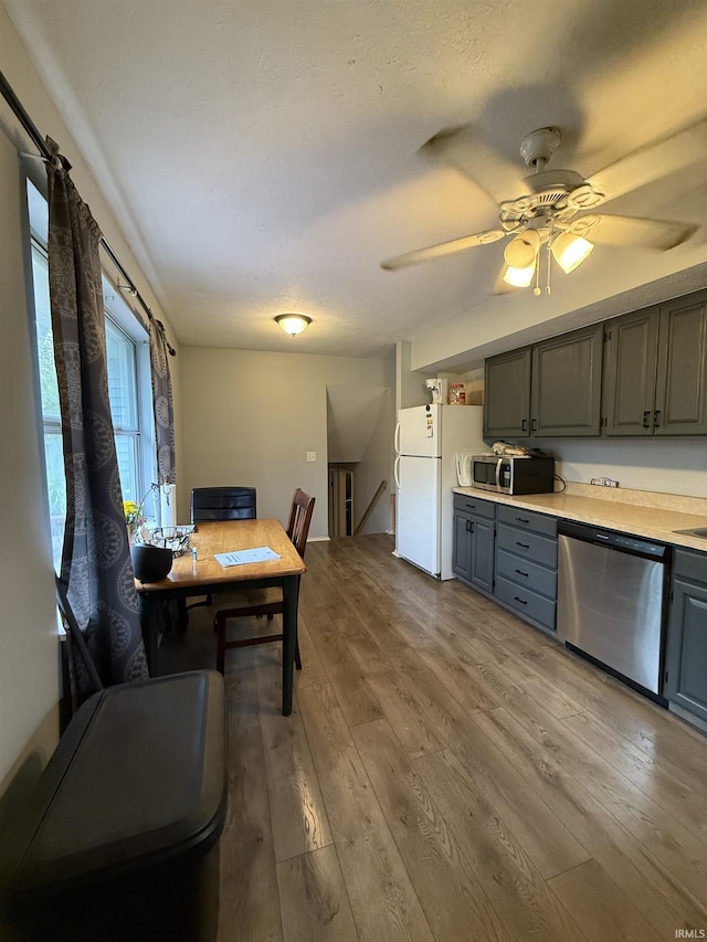 703 Downey Ave, Mishawaka, IN 46544 - kitchen featuring stainless steel appliances, gray cabinetry, light countertops, and wood finished floors