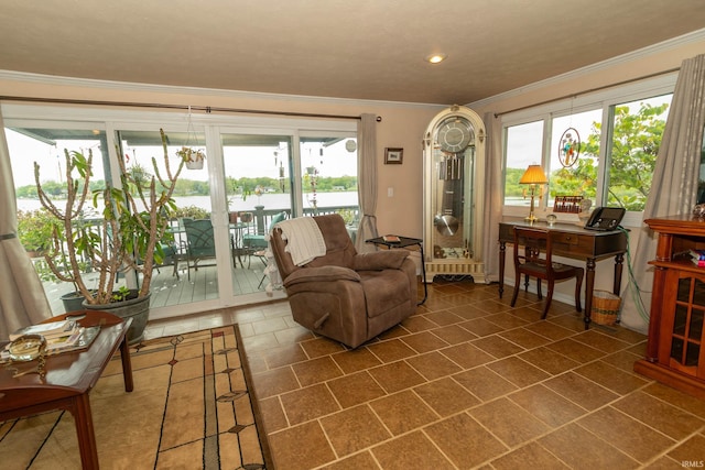 536 Garfield St, Osceola, IN 46561 - living area featuring ornamental molding, plenty of natural light, recessed lighting, a water view, and dark tile patterned floors