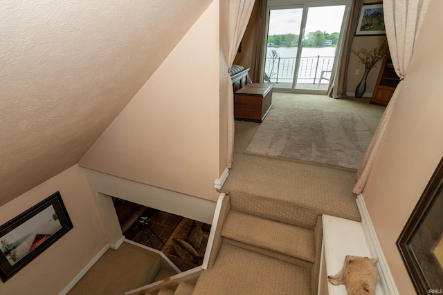 536 Garfield St, Osceola, IN 46561 - stairway featuring carpet, baseboards, a textured ceiling, and a water view