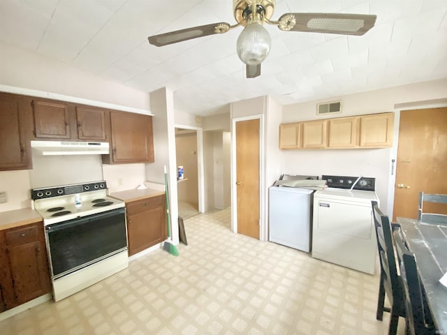 146 W Washington St, Parker City, IN 47368 - kitchen featuring electric stove, under cabinet range hood, washer and clothes dryer, ceiling fan, and light flooring