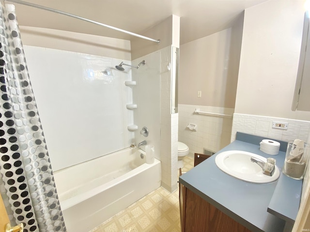 146 W Washington St, Parker City, IN 47368 - bathroom with shower / bath combo with shower curtain, tile patterned floors, a wainscoted wall, tile walls, and vanity