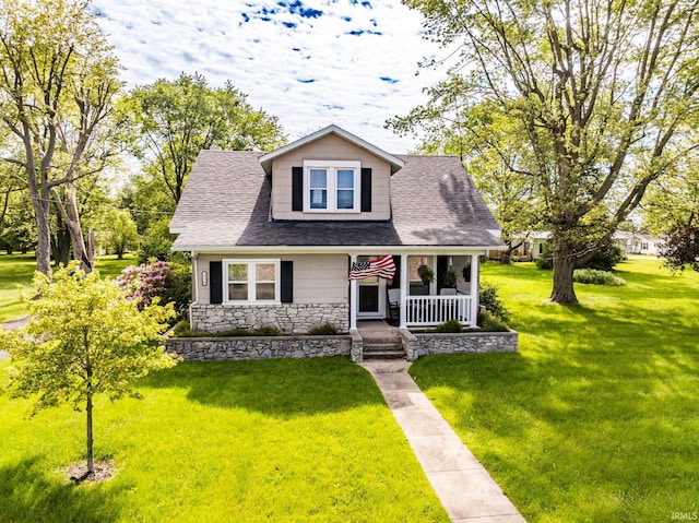 2770 S Andrews Rd, Yorktown, IN 47396 - bungalow with a porch, a front lawn, stone siding, and roof with shingles