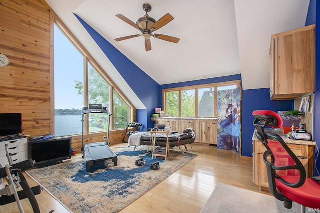 7185 N 1150 W, Shipshewana, IN 46565 - office space featuring ceiling fan, light wood-style flooring, lofted ceiling, and wood walls