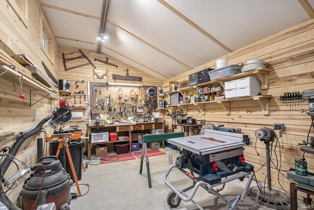 7185 N 1150 W, Shipshewana, IN 46565 - garage featuring wooden walls and a workshop area
