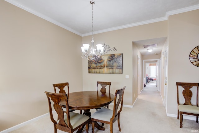 3033 Tory Ct, Evansville, IN 47715 - dining area featuring light carpet, a chandelier, ornamental molding, and baseboards