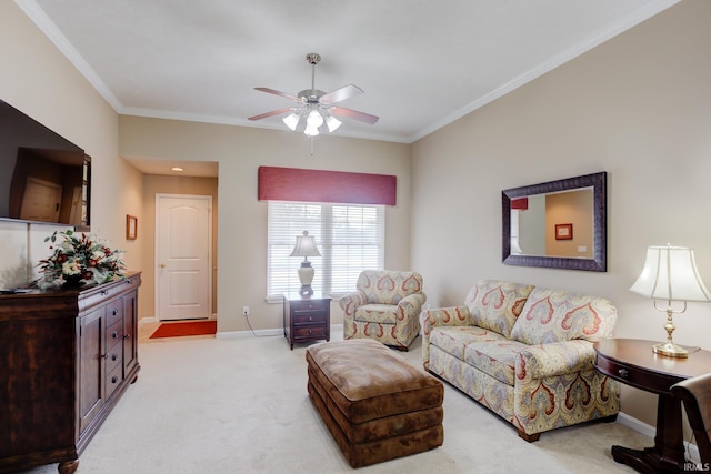 3033 Tory Ct, Evansville, IN 47715 - living area with crown molding, ceiling fan, light colored carpet, and baseboards