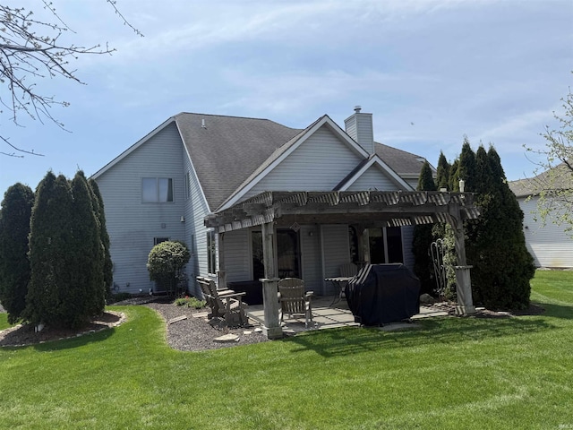 10123 Consta Verde Commons, Leo, IN 46765 - rear view of house featuring a pergola, a patio area, a lawn, a chimney, and roof with shingles
