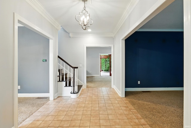 2814 Meadow Strm, Fort Wayne, IN 46825 - foyer entrance with stairway, crown molding, a chandelier, light tile patterned flooring, and light colored carpet