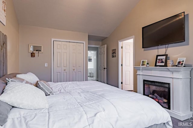 853 S 400 E Rd, Marion, IN 46953 - bedroom with lofted ceiling, a glass covered fireplace, and a closet