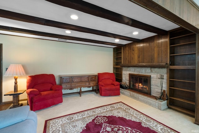 213 S Clark St, Auburn, IN 46706 - living room featuring beam ceiling, carpet, recessed lighting, and a fireplace