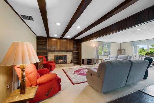 213 S Clark St, Auburn, IN 46706 - carpeted living area featuring plenty of natural light, recessed lighting, beamed ceiling, a fireplace, and built in features