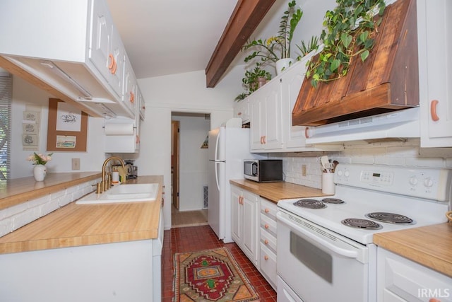 7300 E Blackford Ave, Evansville, IN 47715 - kitchen with white appliances, a sink, custom range hood, decorative backsplash, and light countertops