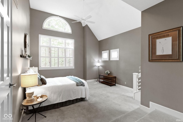 10919 Running Tide Ct, Indianapolis, IN 46236 - carpeted bedroom featuring baseboards, high vaulted ceiling, and ceiling fan