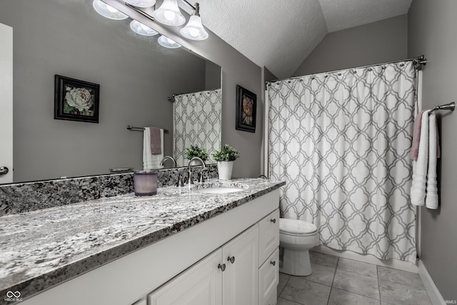 10919 Running Tide Ct, Indianapolis, IN 46236 - full bath featuring vanity, toilet, a textured ceiling, vaulted ceiling, and a shower with curtain