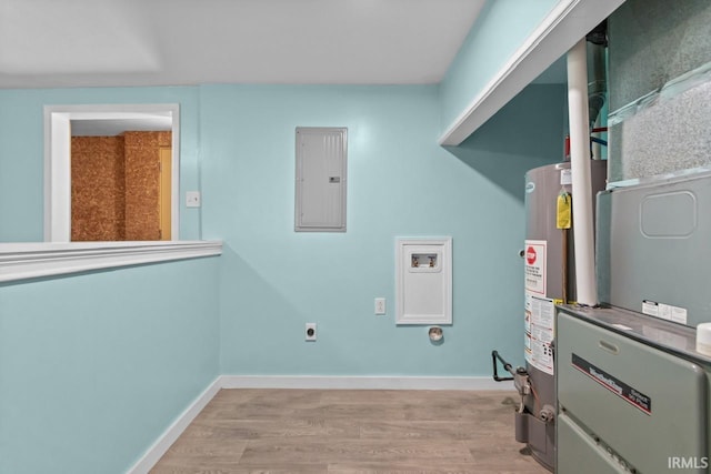 2545 N Bell St, Kokomo, IN 46901 - laundry area featuring electric panel, hookup for an electric dryer, water heater, light wood finished floors, and hookup for a washing machine