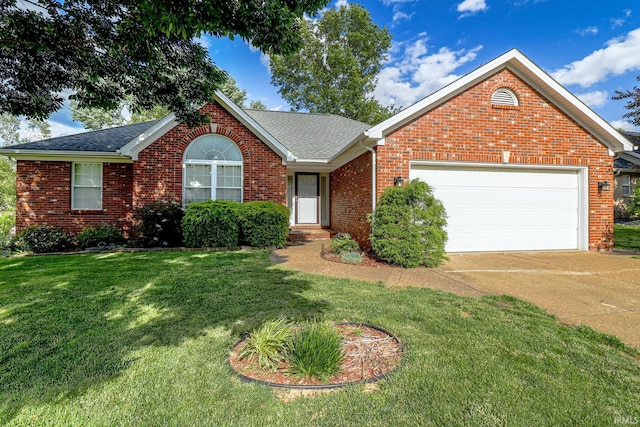 3766 Canterbury Ct, Newburgh, IN 47630 - ranch-style home with brick siding, concrete driveway, a garage, and a front yard