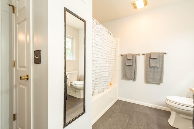 687 N Deer Lake Dr, Bloomfield, IN 47424 - full bath with toilet, baseboards, shower / bath combo, and tile patterned flooring