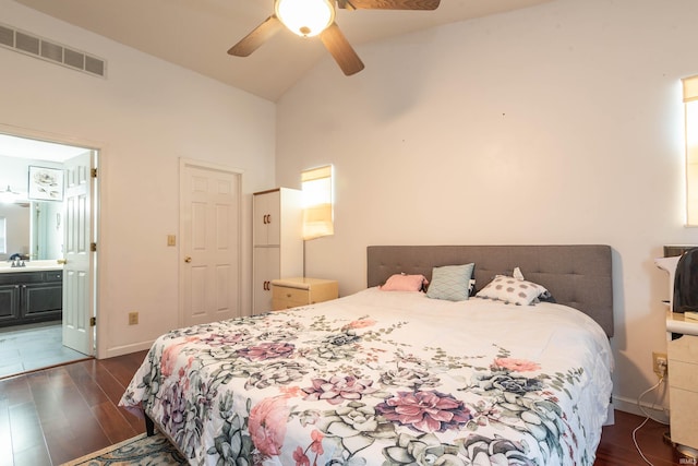 687 N Deer Lake Dr, Bloomfield, IN 47424 - bedroom featuring dark wood finished floors, a sink, high vaulted ceiling, ceiling fan, and baseboards