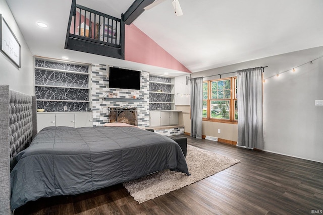 23337 Shorelane, Elkhart, IN 46514 - bedroom with wood finished floors, baseboards, recessed lighting, high vaulted ceiling, and a large fireplace