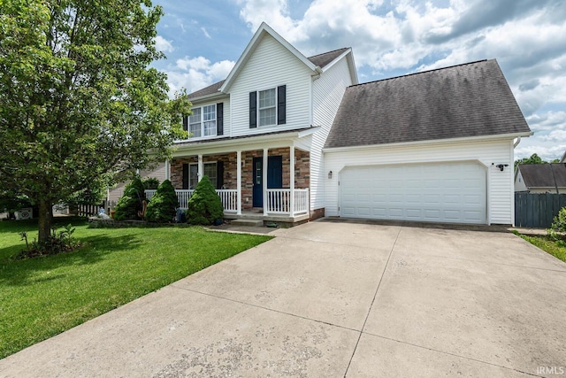 7203 W Capstone Cir, Bloomington, IN 47404 - traditional-style home with a porch, driveway, an attached garage, a shingled roof, and stone siding