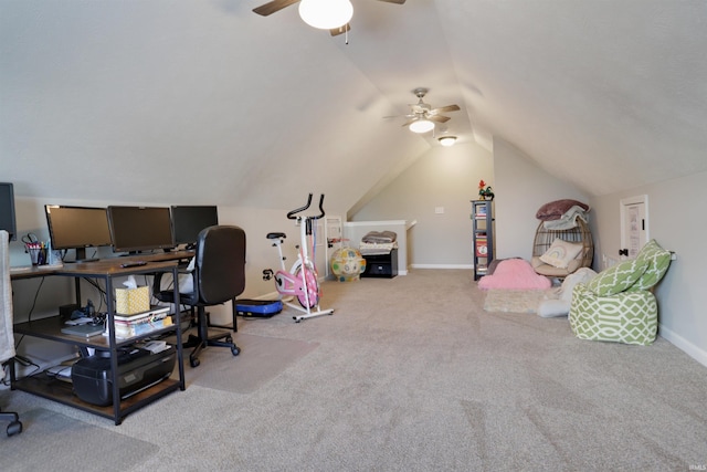 606 W Elm St, Haubstadt, IN 47639 - office area featuring a ceiling fan, vaulted ceiling, carpet, and baseboards