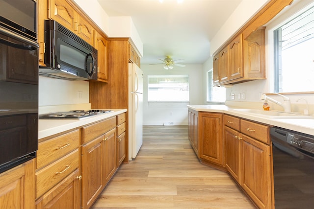 16128 Chandler Blvd, Mishawaka, IN 46544 - kitchen with black appliances, a sink, a ceiling fan, light wood-style flooring, and light countertops