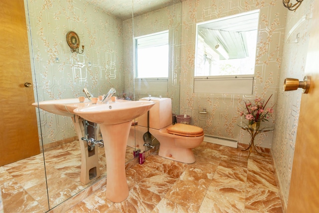 16128 Chandler Blvd, Mishawaka, IN 46544 - bathroom featuring wallpapered walls, a baseboard radiator, and toilet