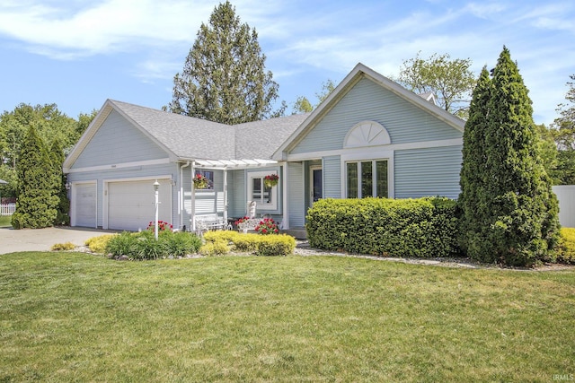 51040 Oak Lined Dr, Granger, IN 46530 - ranch-style house featuring a garage, a front yard, driveway, and a shingled roof
