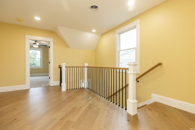 324 W Mishawaka Ave, Mishawaka, IN 46545 - stairway with wood finished floors, lofted ceiling, recessed lighting, and ceiling fan