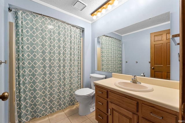 5318 Bedrock Ct, Fort Wayne, IN 46825 - bathroom with a textured ceiling, tile patterned flooring, toilet, vanity, and crown molding