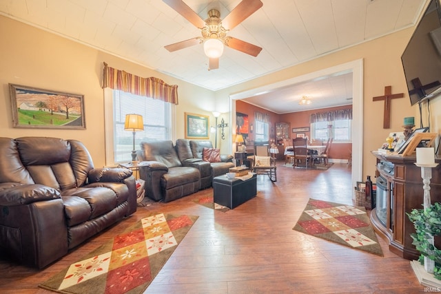 5026 N 450 W, Royal Center, IN 46978 - living room with hardwood / wood-style floors, a ceiling fan, ornamental molding, and a fireplace