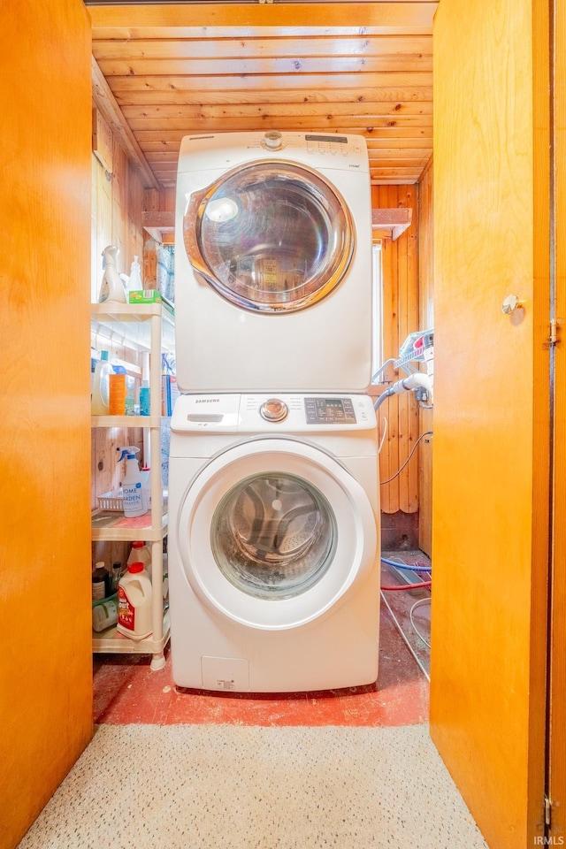 1402 W Chapel Pike, Marion, IN 46952 - laundry area with estacked washer and dryer and wooden ceiling