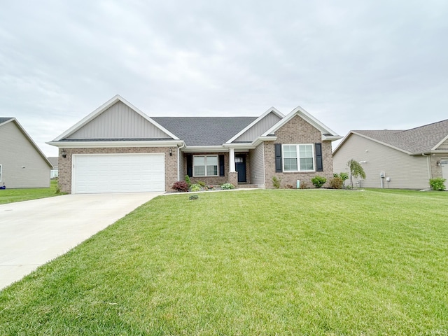 8115 Jt Ct, Evansville, IN 47715 - craftsman-style house with brick siding, board and batten siding, a garage, concrete driveway, and a front lawn