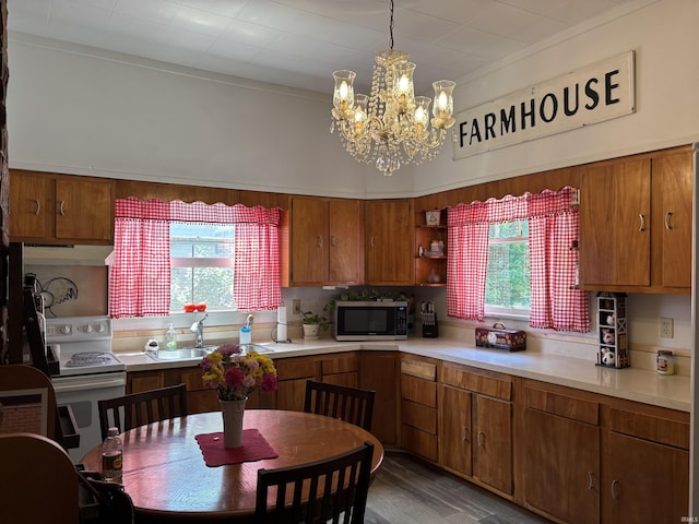451 Miller Ave, Clarksville, IN 47129 - kitchen with stainless steel microwave, a sink, electric stove, a chandelier, and light countertops