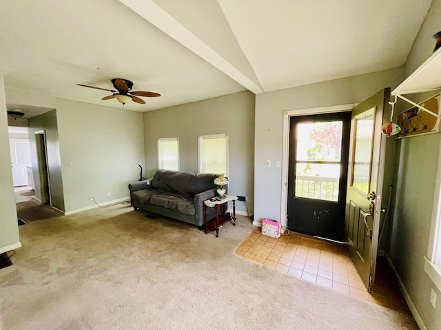 1206 N Walnut St, Plymouth, IN 46563 - living room with light colored carpet, a ceiling fan, and baseboards