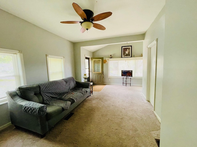1206 N Walnut St, Plymouth, IN 46563 - carpeted living area with ceiling fan, lofted ceiling, and baseboards