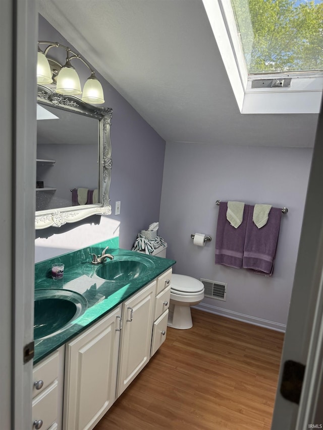 2109 Ball Ct, Rochester, IN 46975 - bathroom with double vanity, wood finished floors, toilet, a skylight, and baseboards
