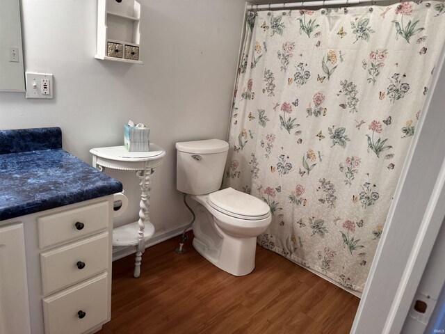2109 Ball Ct, Rochester, IN 46975 - bathroom featuring wood finished floors, toilet, curtained shower, and vanity