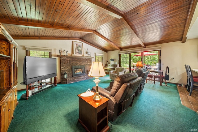 21485 Wallen Dr, South Bend, IN 46628 - living area featuring carpet, plenty of natural light, a fireplace, and wooden ceiling