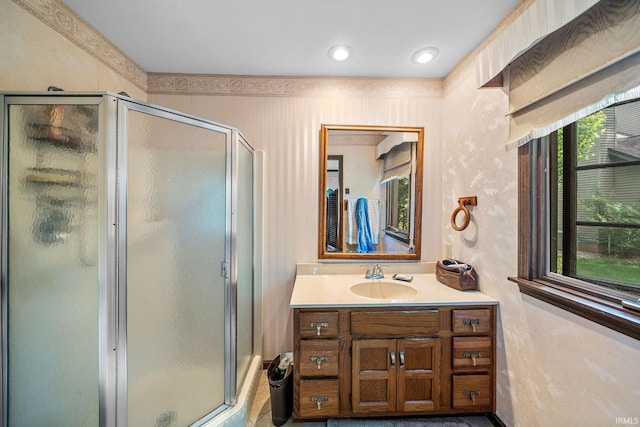 21485 Wallen Dr, South Bend, IN 46628 - full bathroom featuring a shower stall, vanity, and baseboards