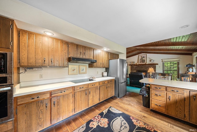21485 Wallen Dr, South Bend, IN 46628 - kitchen featuring appliances with stainless steel finishes, under cabinet range hood, light wood finished floors, vaulted ceiling, and light countertops