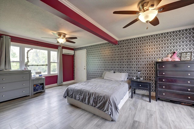 6447 W Delap Rd, Ellettsville, IN 47429 - bedroom featuring a wall unit AC, wallpapered walls, crown molding, wood finished floors, and baseboards