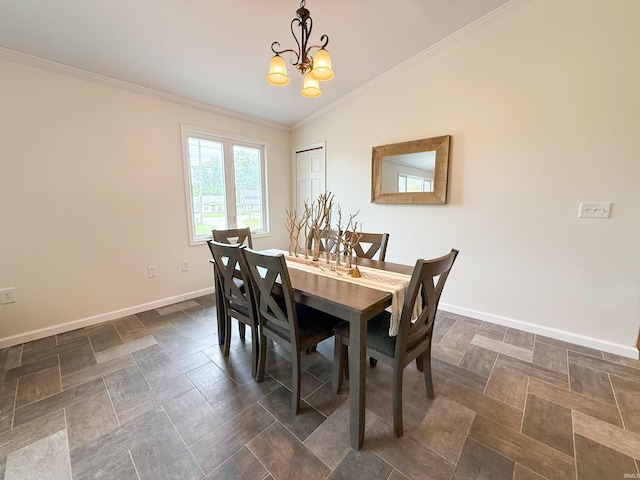 22073 County Road 10 W, Elkhart, IN 46514 - dining area featuring a chandelier, lofted ceiling, baseboards, and crown molding