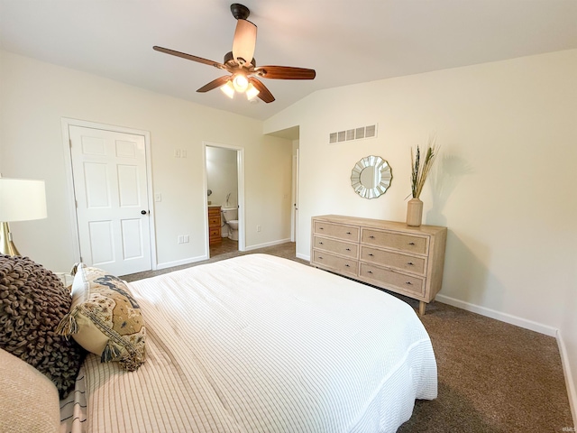 22073 County Road 10 W, Elkhart, IN 46514 - bedroom featuring vaulted ceiling, baseboards, carpet flooring, a ceiling fan, and ensuite bathroom