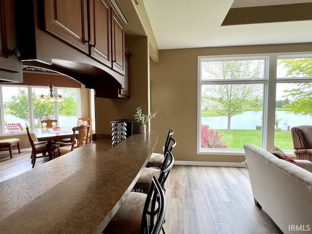 1442 Centerbrook Dr, New Haven, IN 46774 - dining area with light wood-style floors, baseboards, a chandelier, and a water view