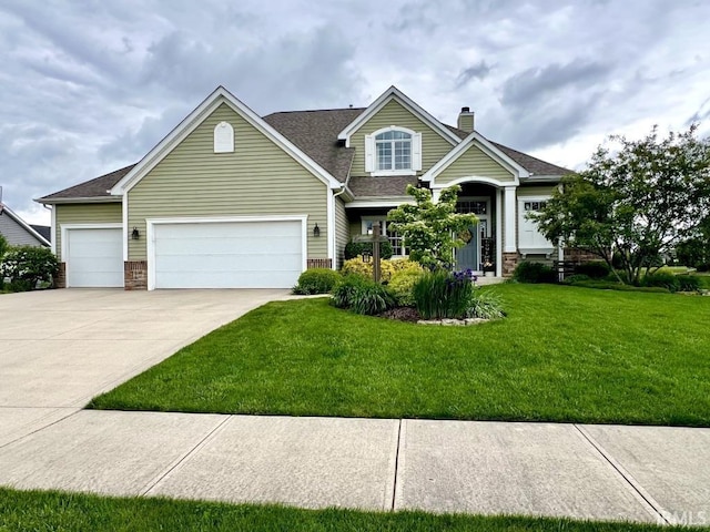 1442 Centerbrook Dr, New Haven, IN 46774 - view of front of house featuring a chimney, driveway, a front yard, a garage, and a shingled roof