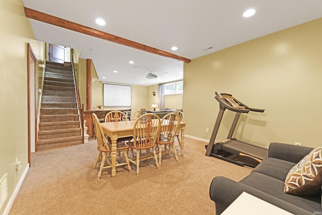 1442 Centerbrook Dr, New Haven, IN 46774 - dining room with stairs, light carpet, recessed lighting, baseboards, and beamed ceiling