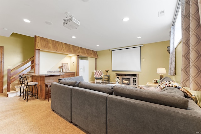 1442 Centerbrook Dr, New Haven, IN 46774 - home theater featuring light colored carpet, bar, and recessed lighting