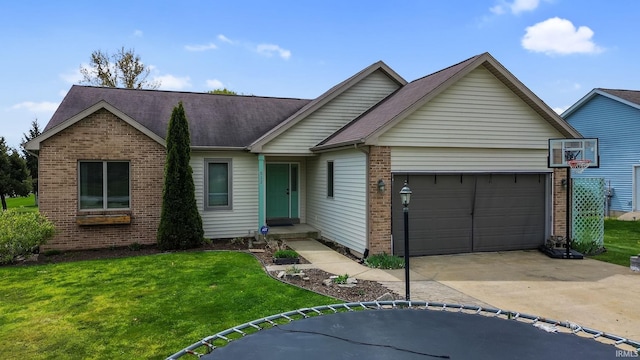 612 E Dunn Rd, New Carlisle, IN 46552 - ranch-style home with driveway, brick siding, an attached garage, and a front yard
