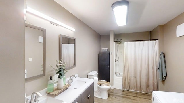 5480 S 950 W, South Whitley, IN 46787 - bathroom with toilet, double vanity, wood finished floors, and shower / bathtub combination with curtain